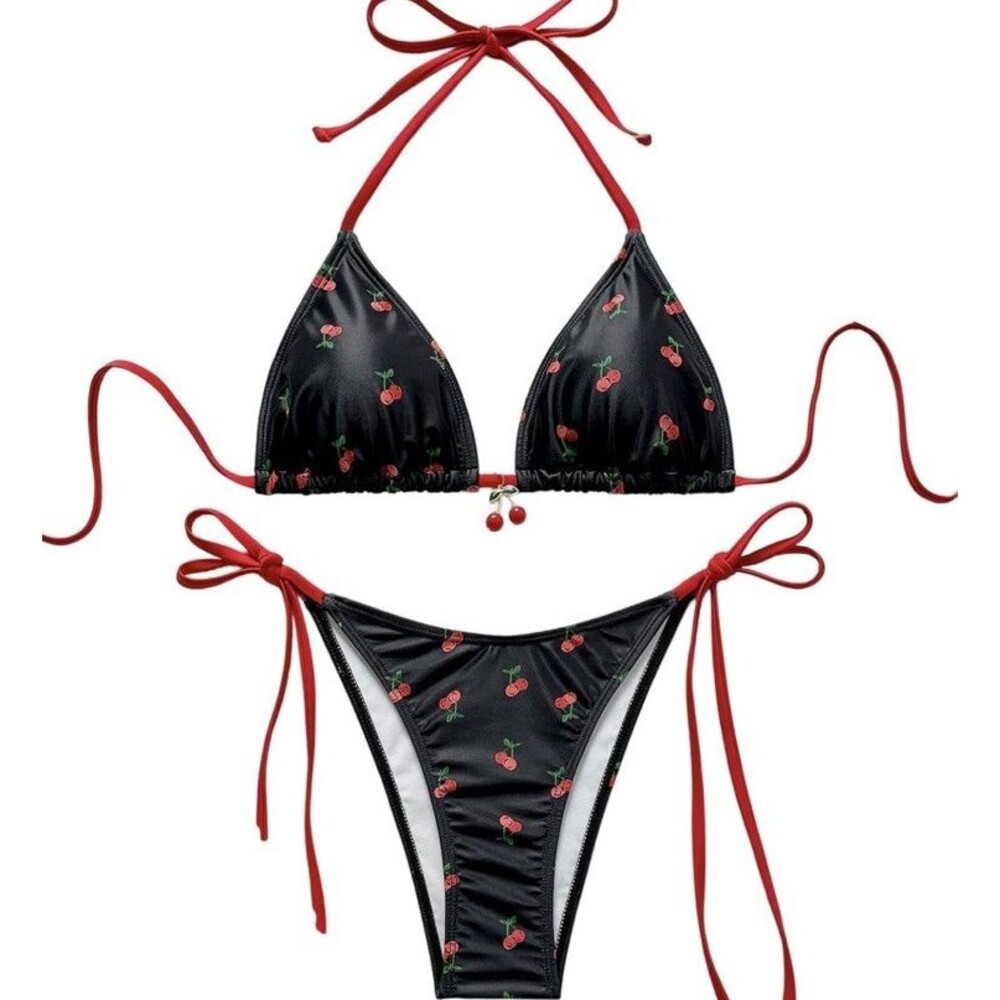 Women's Black Cherry Charm Bikini Swim Suit S Sexy Halter Triangle 2 Pc Swimsuit